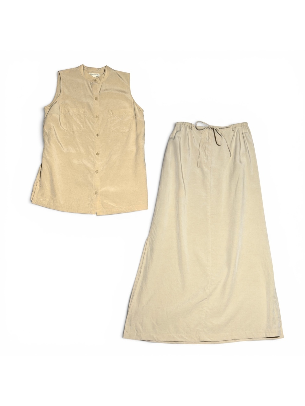Vintage Amanda Smith Beige Two-Piece Linen Blend Skirt Top Set Size Small